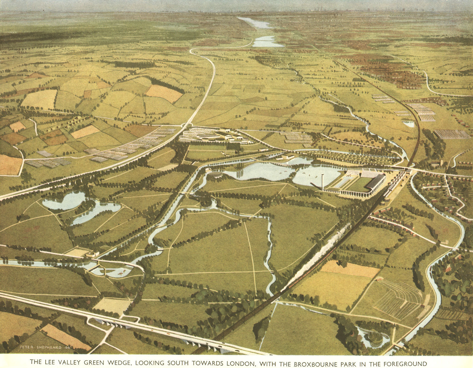 LEE VALLEY. Aerial view looking south. Broxbourne. ABERCROMBIE 1944 old print